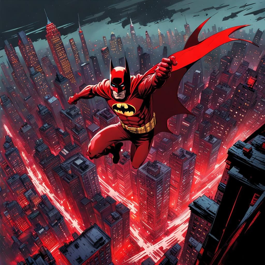Red Suit Batman Gliding Over City as Speedpaint