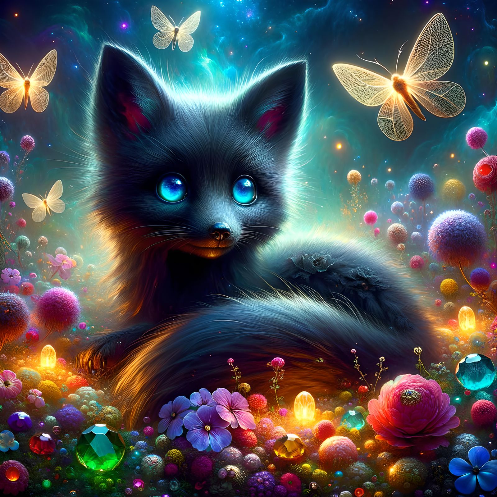 Fox with Blue Eyes in a Gemstone Meadow