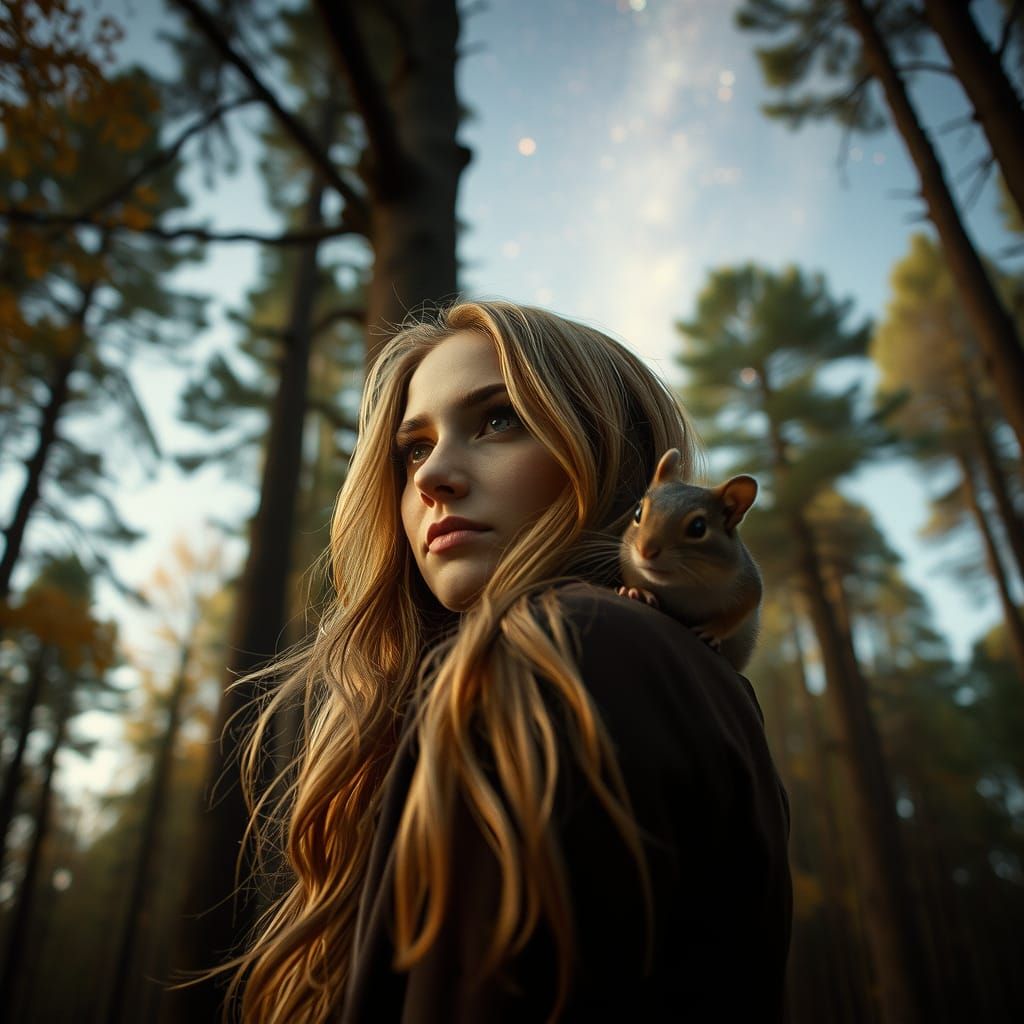 Woman with Chipmunk in Starry Autumn Forest