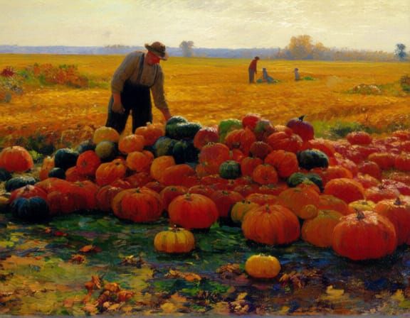 German Autumn Harvest Oil Painting with Pumpkins