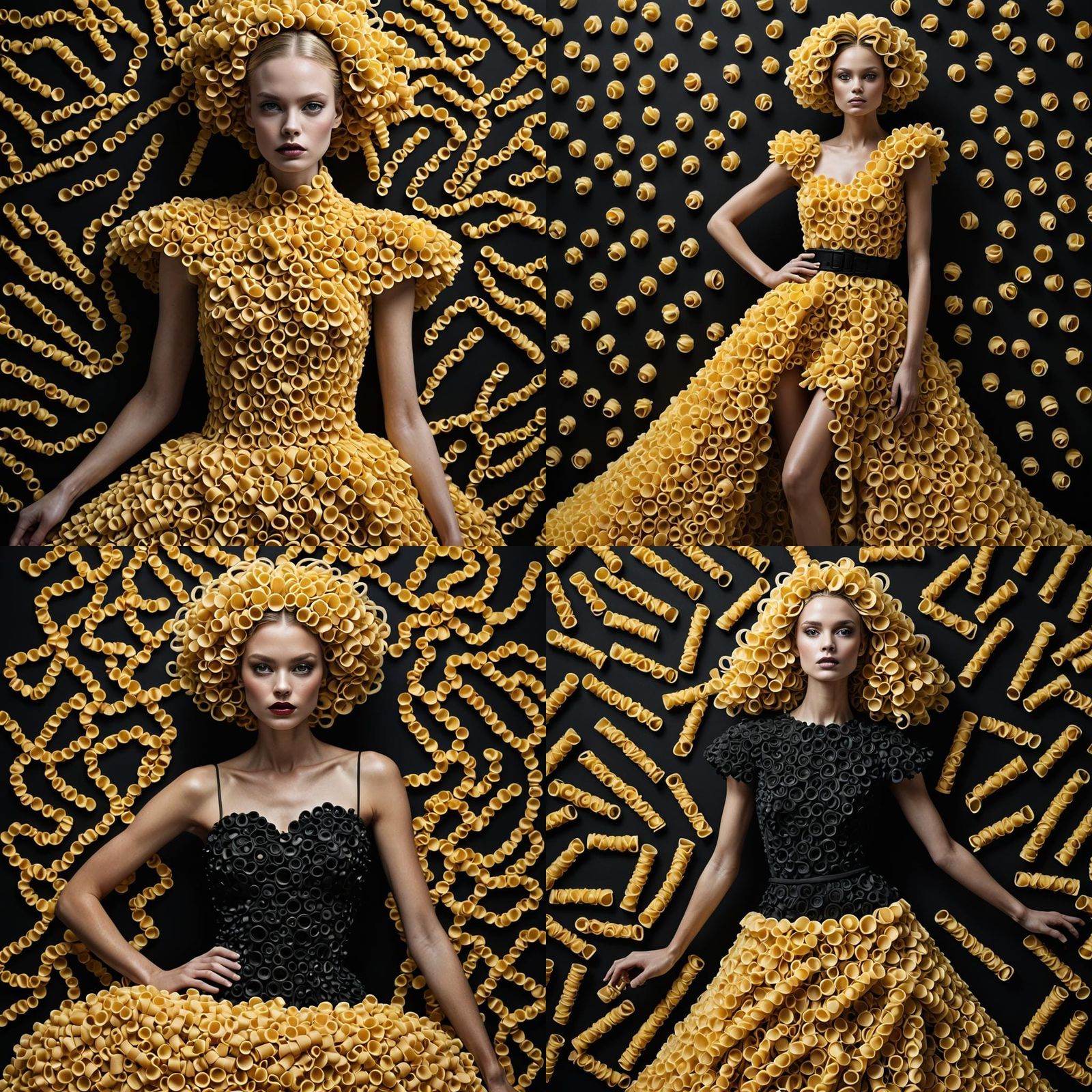 High fashion shoot, chic, model with dress made of pasta noodles, black background, highly detailed, impressive