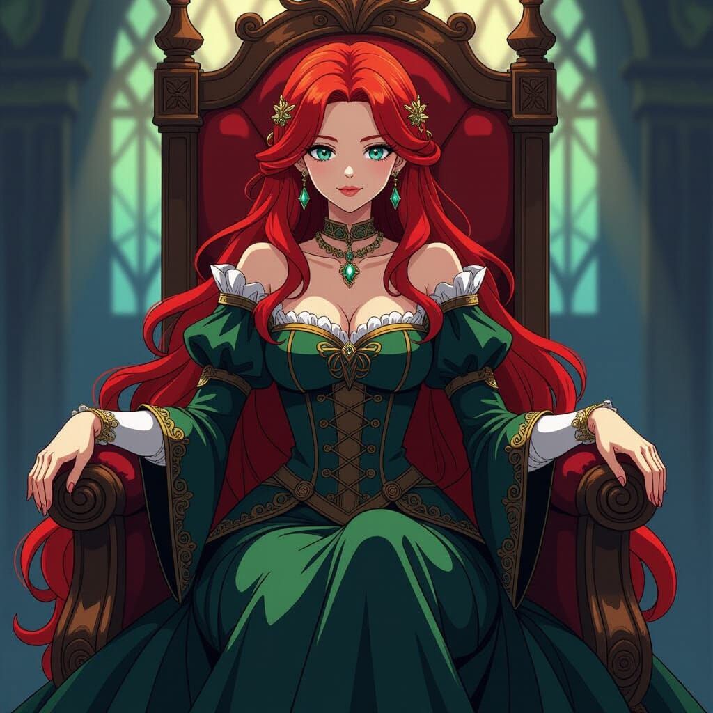 Red-Haired Woman on Throne in Cel-Shaded Style