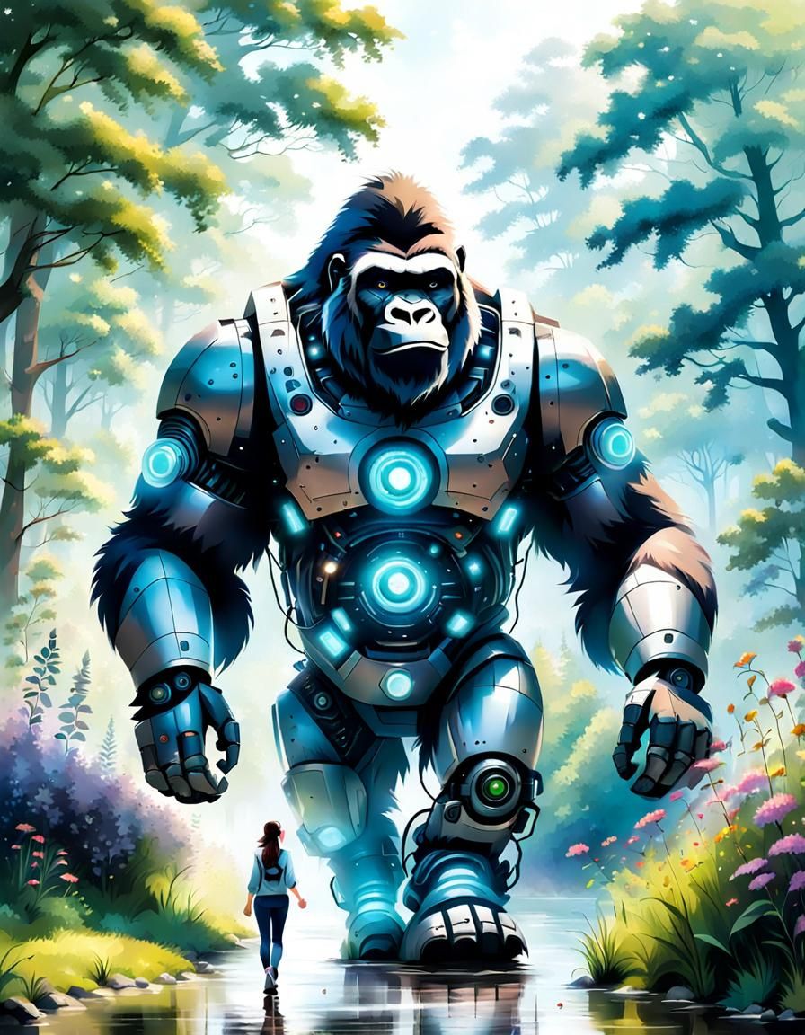 Girl and Robot Gorilla in Enchanted Forest