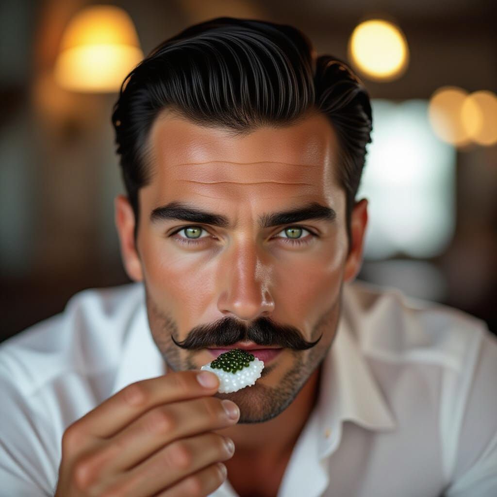 Elegant Man Savoring Caviar in Gritty Realism Style