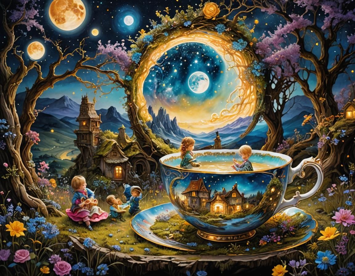 Miniature World in Teacup: Dreamy Starry Night
