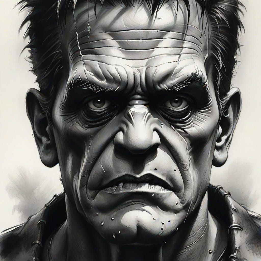 Frankenstein in Sumi-e Style Charcoal Drawing