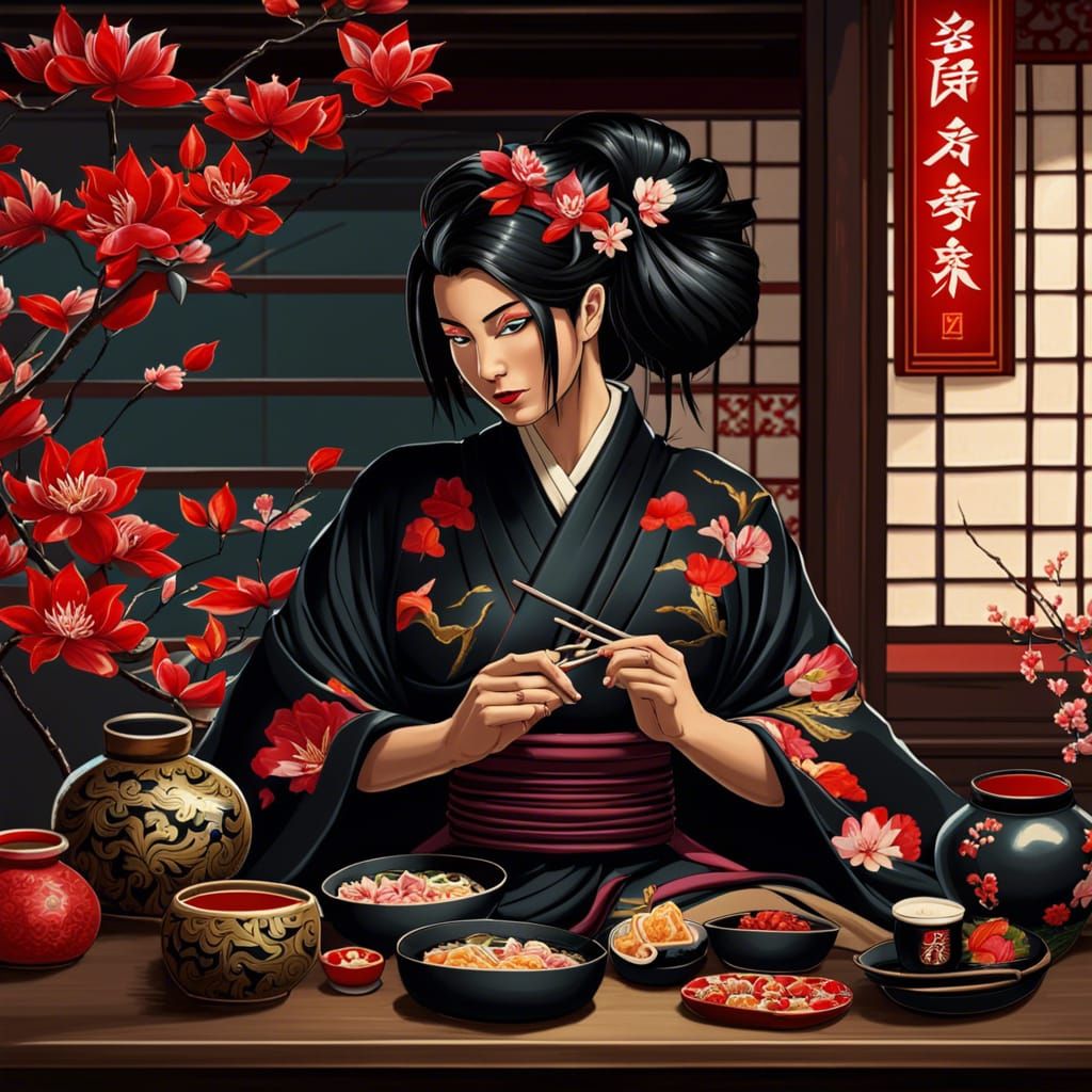 Beautiful Ninja Eats Ramen in Traditional Japanese House