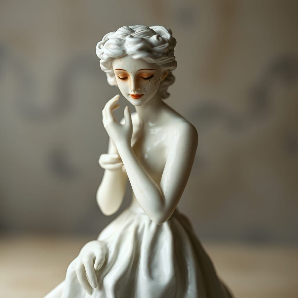 Cracked Porcelain Woman Figurine in Ethereal Light