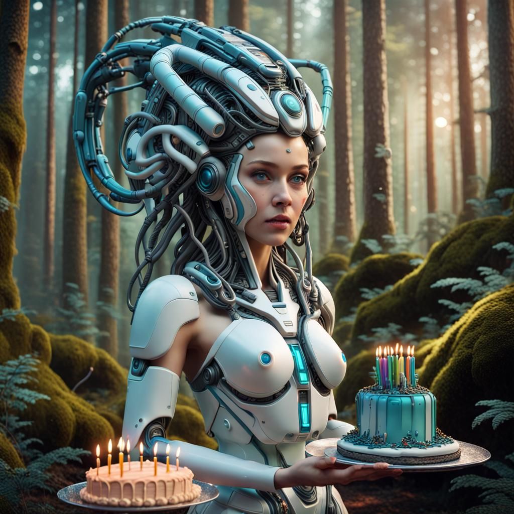 Futuristic AI Goddess Birthday in Scandinavian Forest