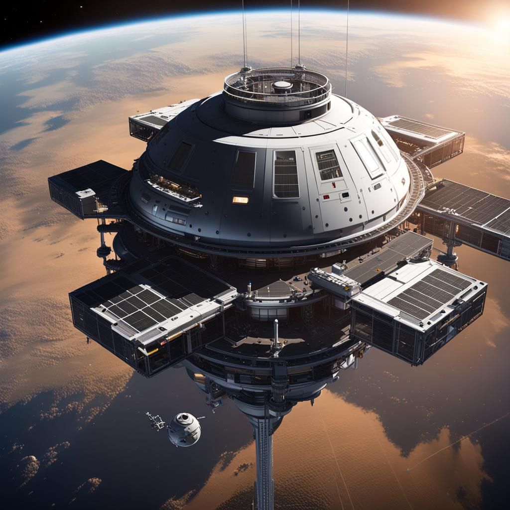 Geosynchronous Space Station with Elevator, 3D Render