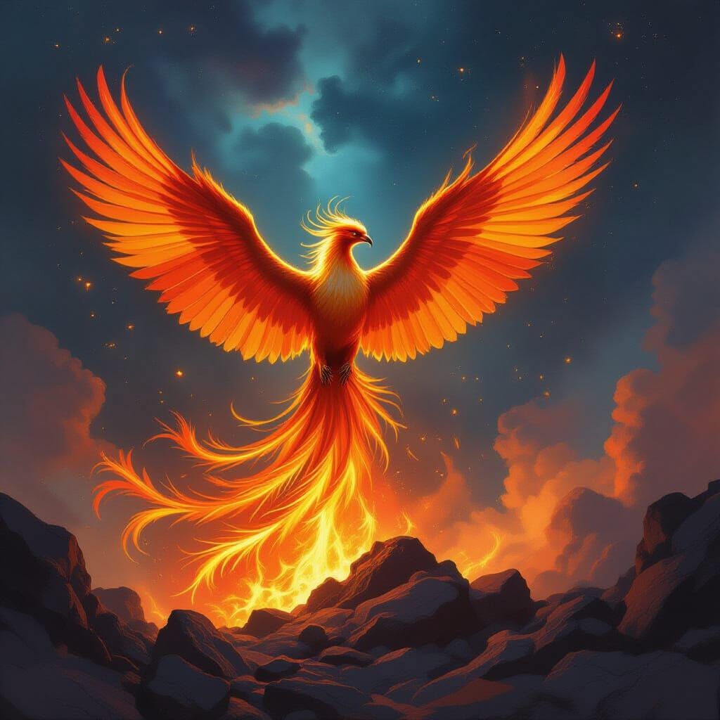 Majestic Phoenix Rises from Ashes in Celestial Nebula