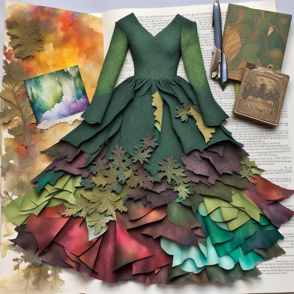 Paper Collage Ballgown, Long Sleeved Lace Bodice, Vivid Alco...
