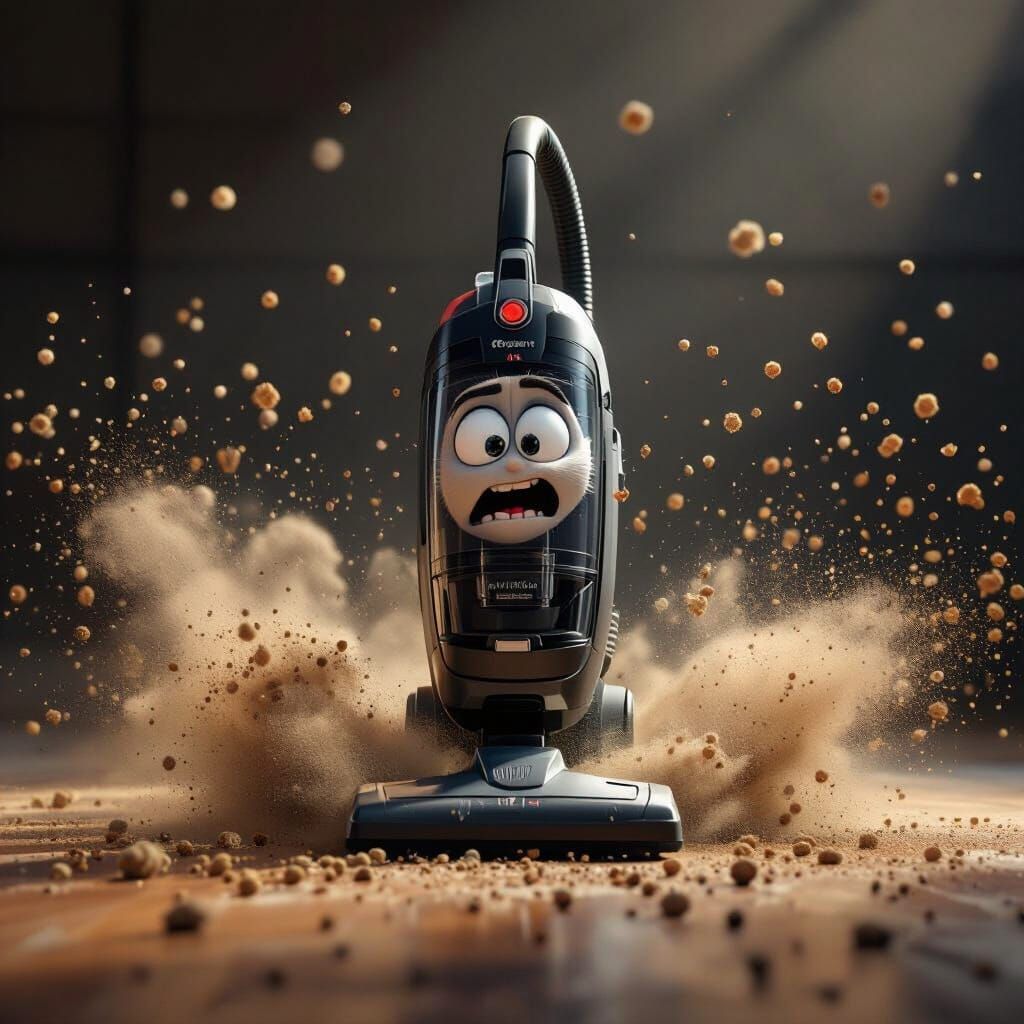 Miserable Vacuum Cleaner Fights Dust Cloud in Cinematic Styl...