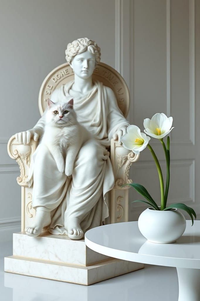 A White Cat Finds Solace in Ancient Greek Style