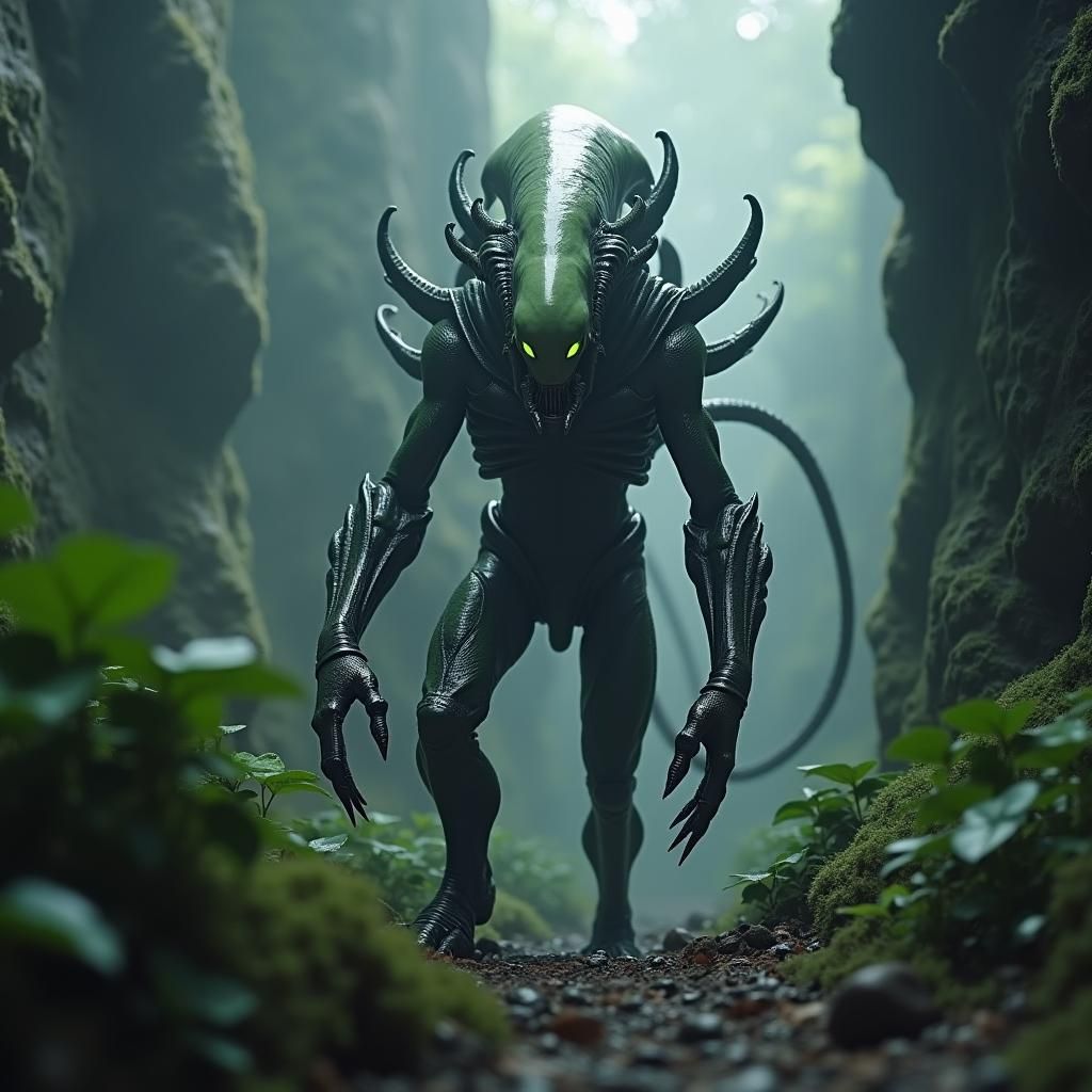 Menacing Xenomorph in Bioluminescent Fantasy Landscape