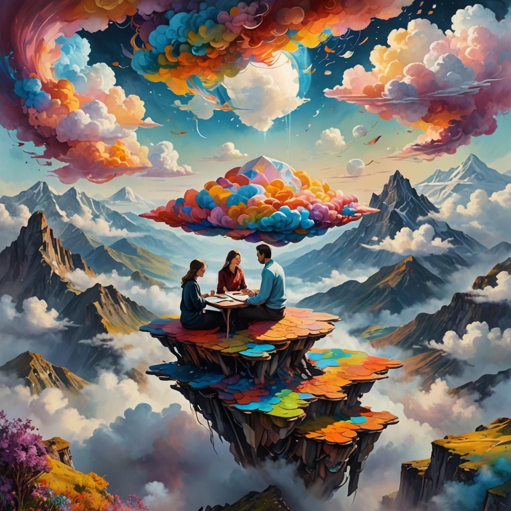 Surreal Cloudscape Digital Painting of Couple with Words