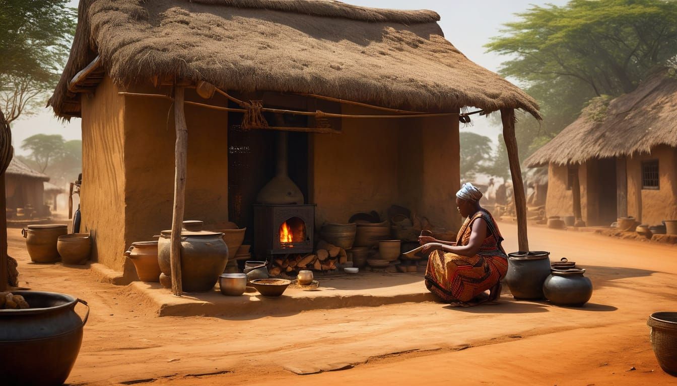 Nigerian Village Scene: Hearth Meets the Dusty Road