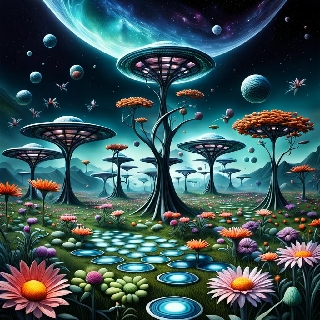 Futuristic Alien Field with Metal Trees