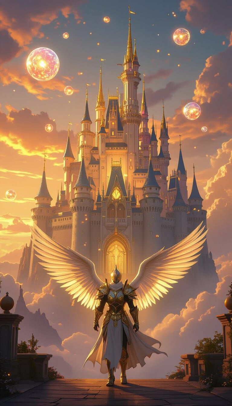 Giant Floating Castle with Winged Guardian at Sunset