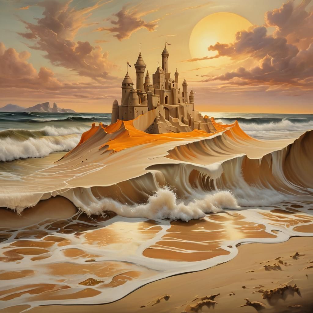Surreal Sandcastle at Dusk: A Dali-esque Beachscape