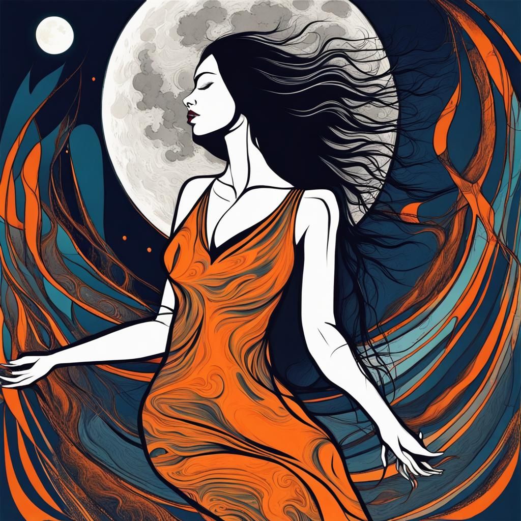 Woman's Transformation Under the Full Moon in Abstract Art