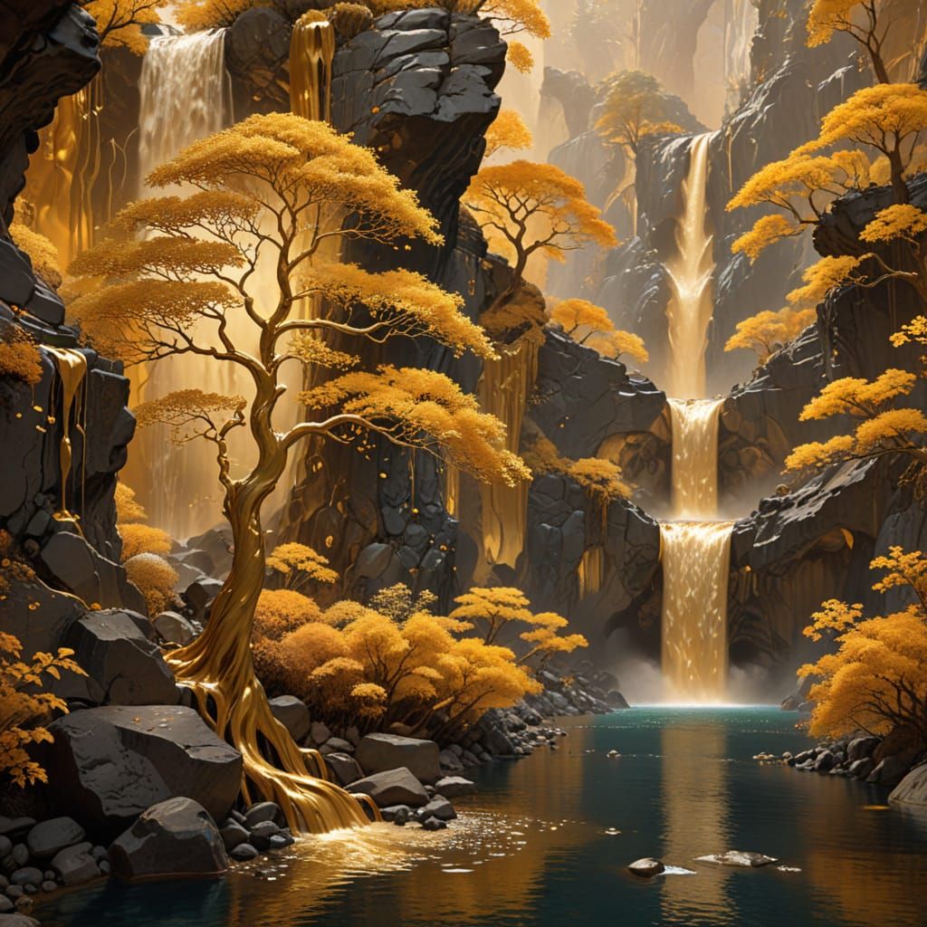 Majestic Gold Leaf Tree in Basalt Canyon with Molten Gold Wa...