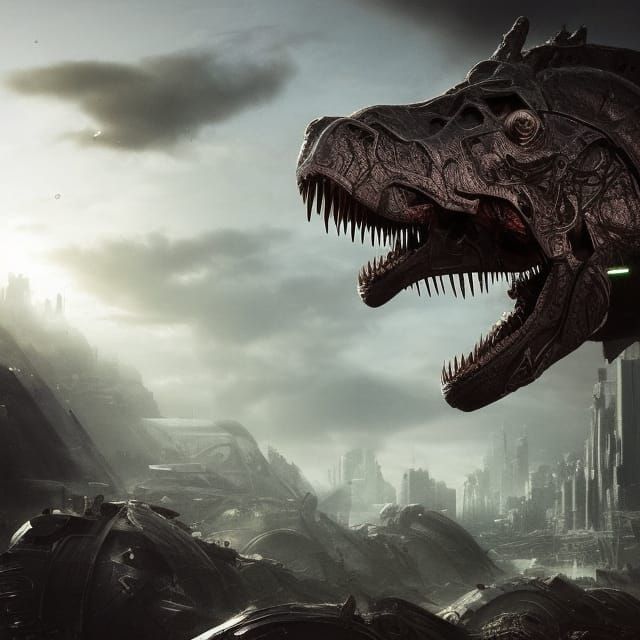 Cybernetic T-Rex in Dystopian Biopunk Spacecore