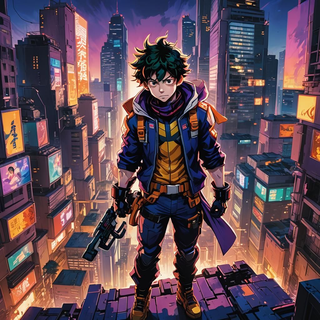 Young Hero in Vibrant Cityscape, Ashley Wood Style