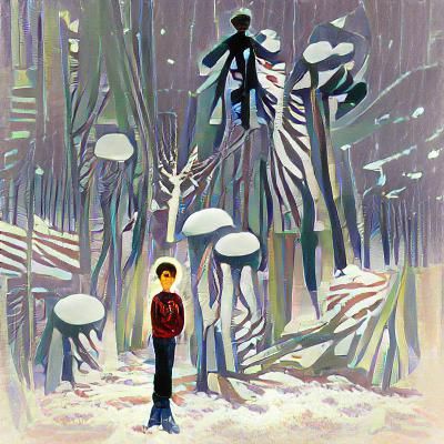 Teenage Boy Alone in Snowy Winter Forest