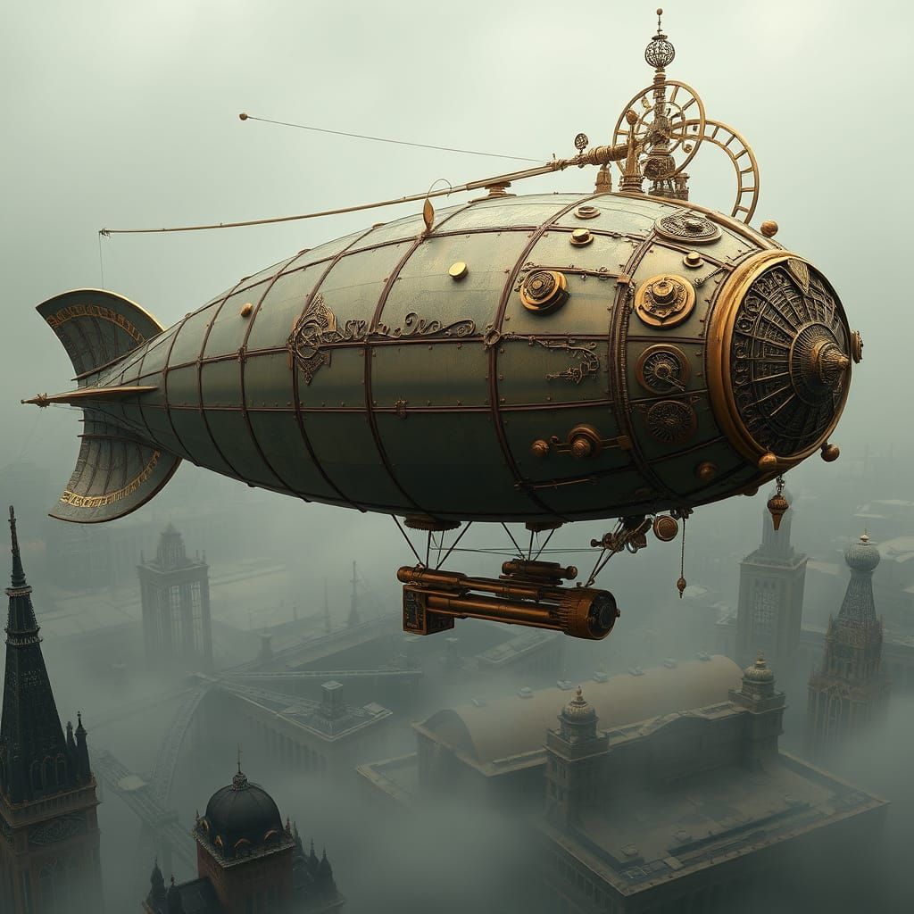 Victorian-Era Airship Soars Above Industrial Metropolis