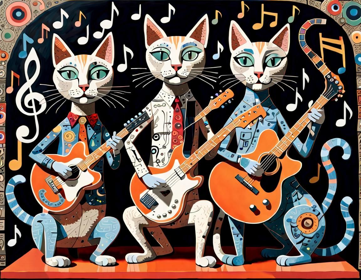 Cat Rock Band on Stage: Whimsical 3D Art