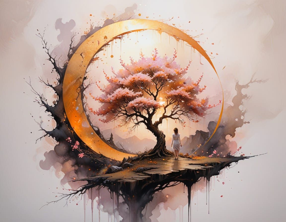 Surreal Crescent Moon with Dreamlike Landscape and Glowing T...