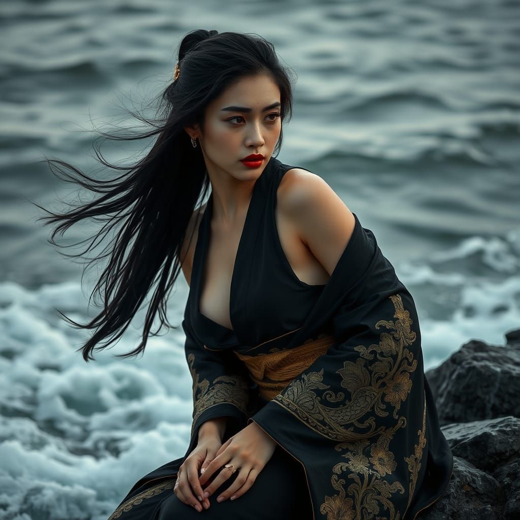 Mysterious Chinese Witch in Stormy Seas at Sunrise