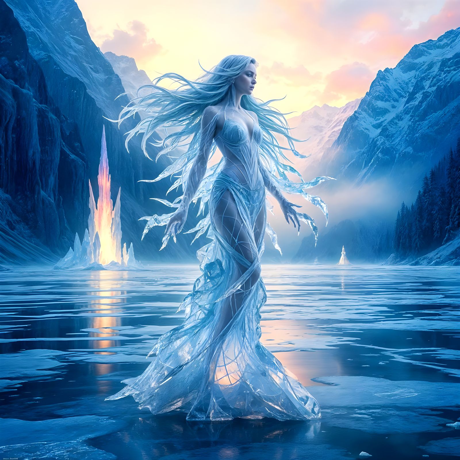 Ethereal Ice Goddess Amidst Glacial Wonders in a Cyberpunk D...