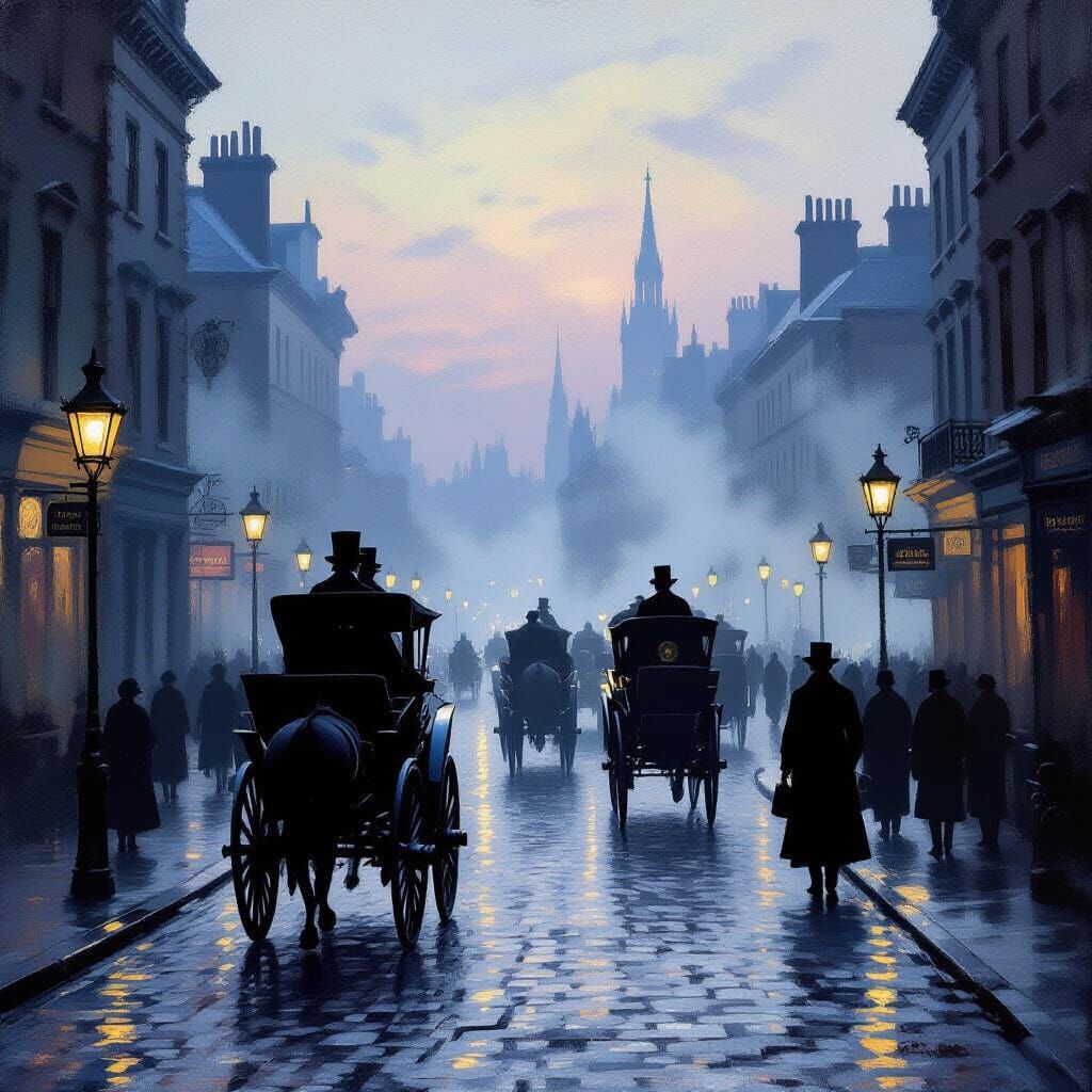 Victorian Dusk Street Scene with Gaslight and Carriages