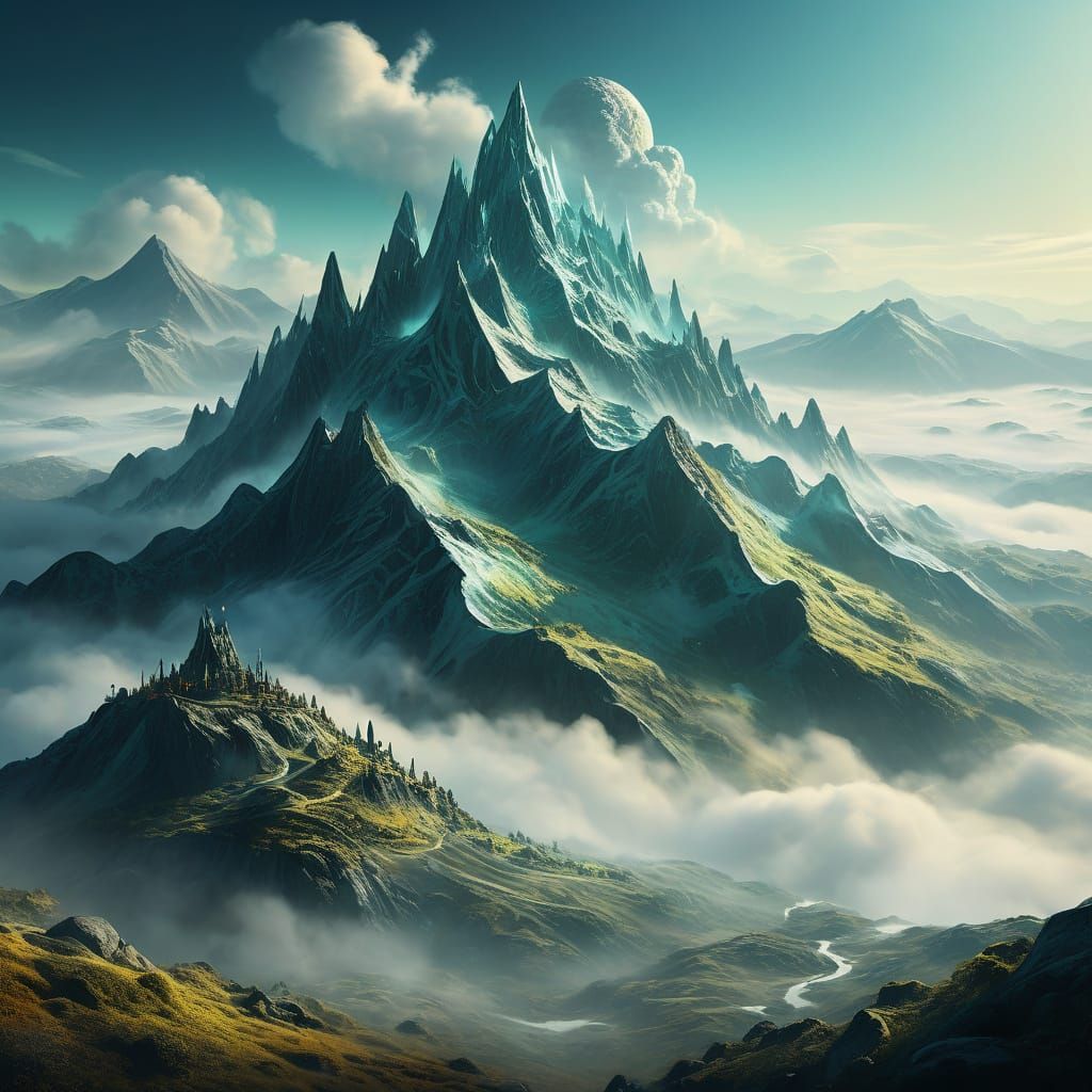 Surreal Grapheme Rises Above Misty Mountains in Dreamlike Di...