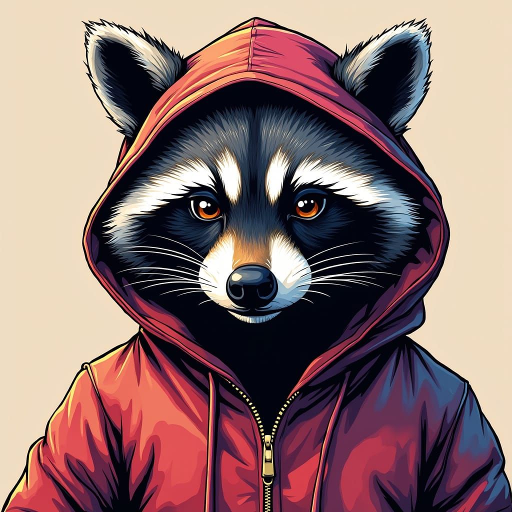 Pop art raccoon wearing an abstract shiny metallic hoodie wi...
