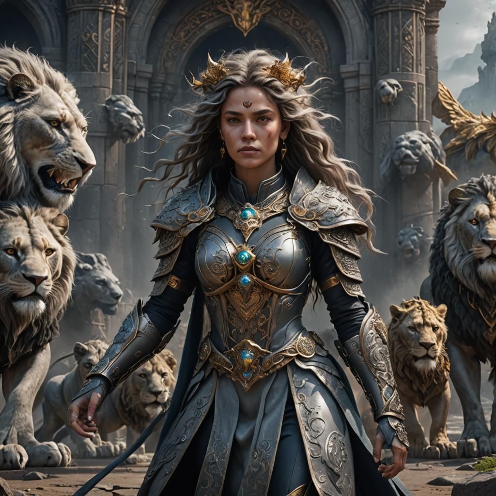 Fantastical Gray Lion Woman: Detailed Matte Painting