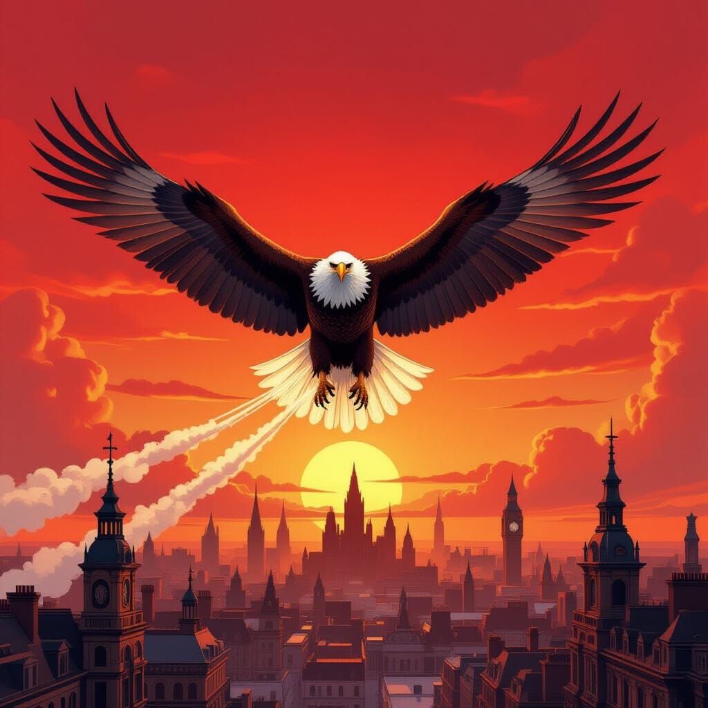 Steampunk Eagle Soaring Over Victorian Cityscape
