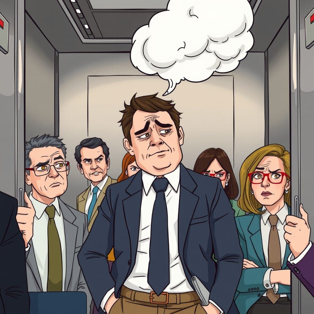 Embarrassed Businessman in Crowded Elevator Cartoon