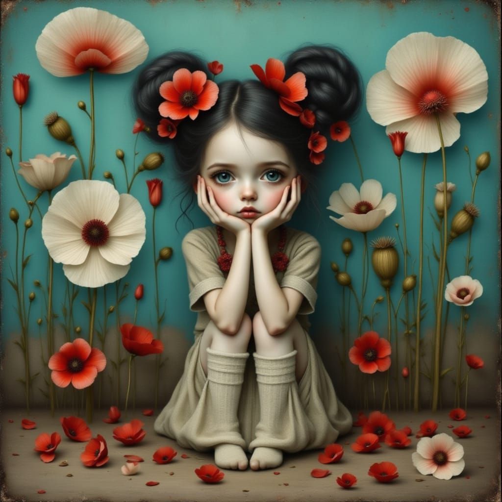 Surreal Woman with Poppies in Art Nouveau Style