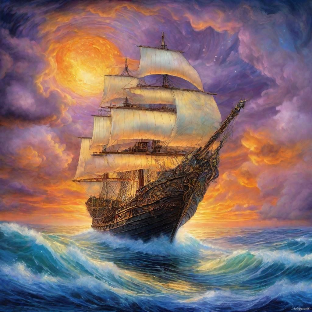 Ship Sails Through Turbulent Ocean: Fantasy Art