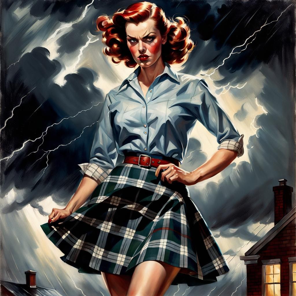 Furious Woman in Plaid Skirt, Pin-Up Style