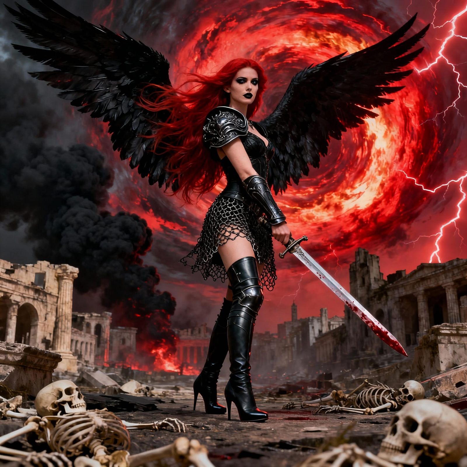 Goddess with Black Wings and Sword in Ruined City