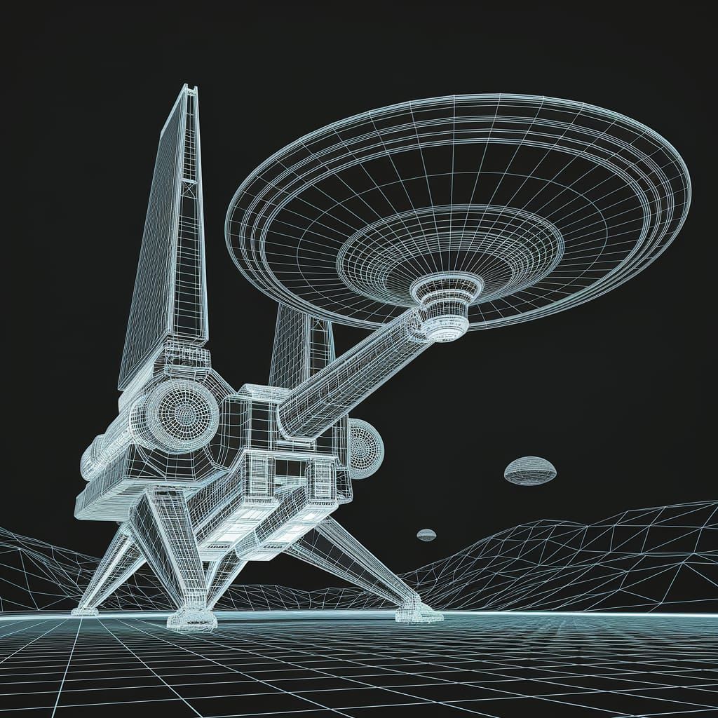 Wireframe Giant Exploration Spaceship Model