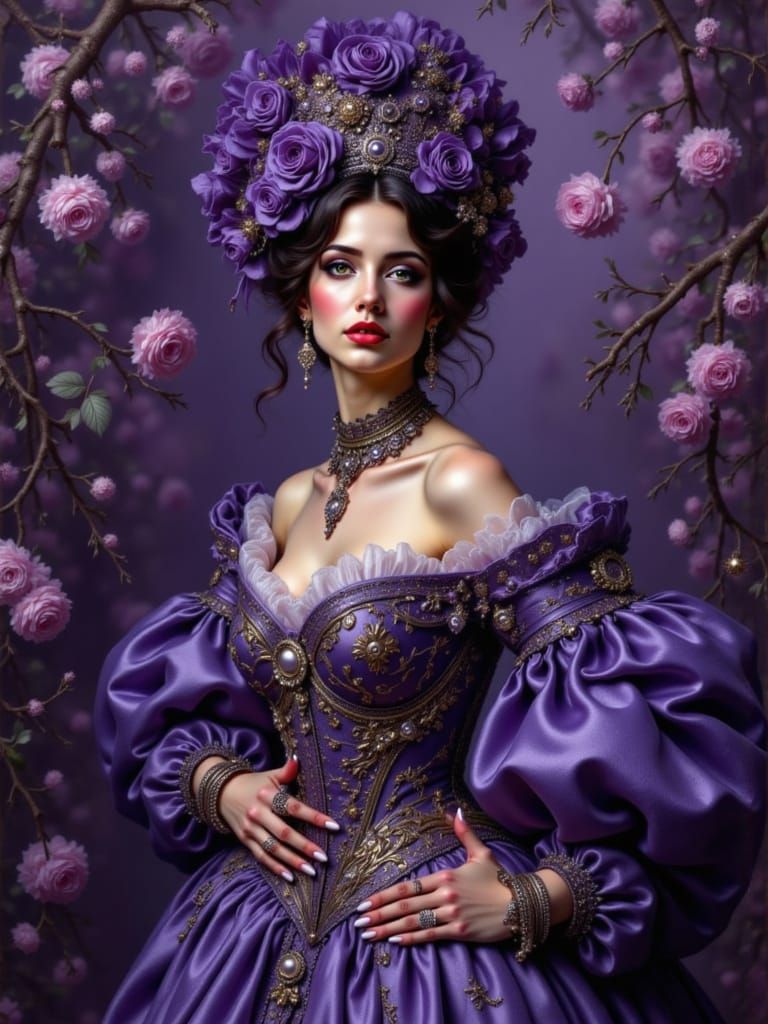 Baroque Lady in Violet Opulence with Volumetric Lighting
