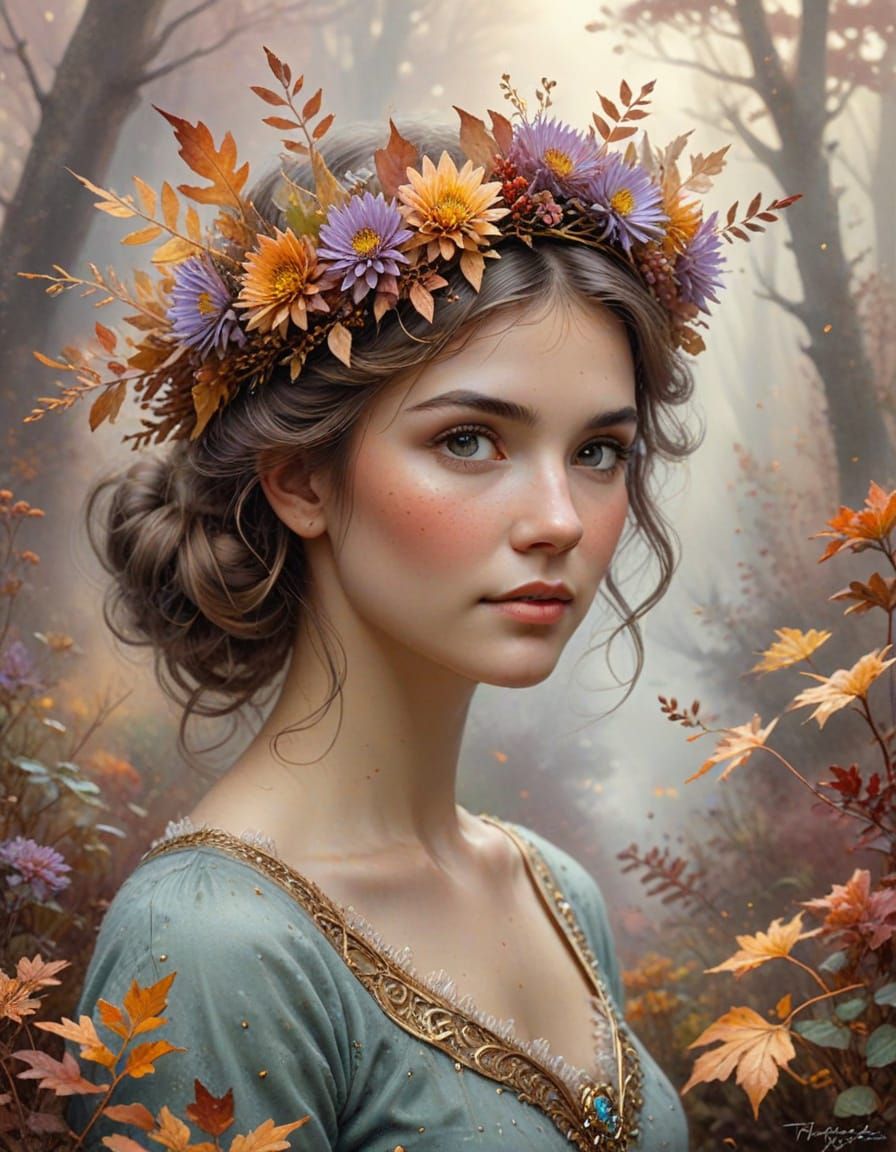 Ethereal Floral Crown of Bronze Asters and Autumn Leaves