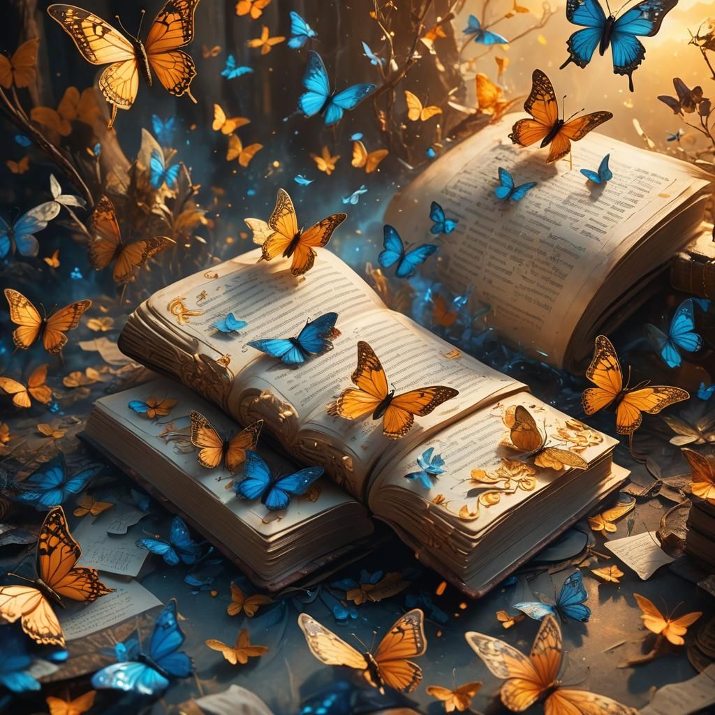 Glowing Butterflies Emerge from Ancient Book in Fantasy Art