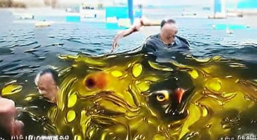 Terrifying Fish-Man Swimming in Dark Oil