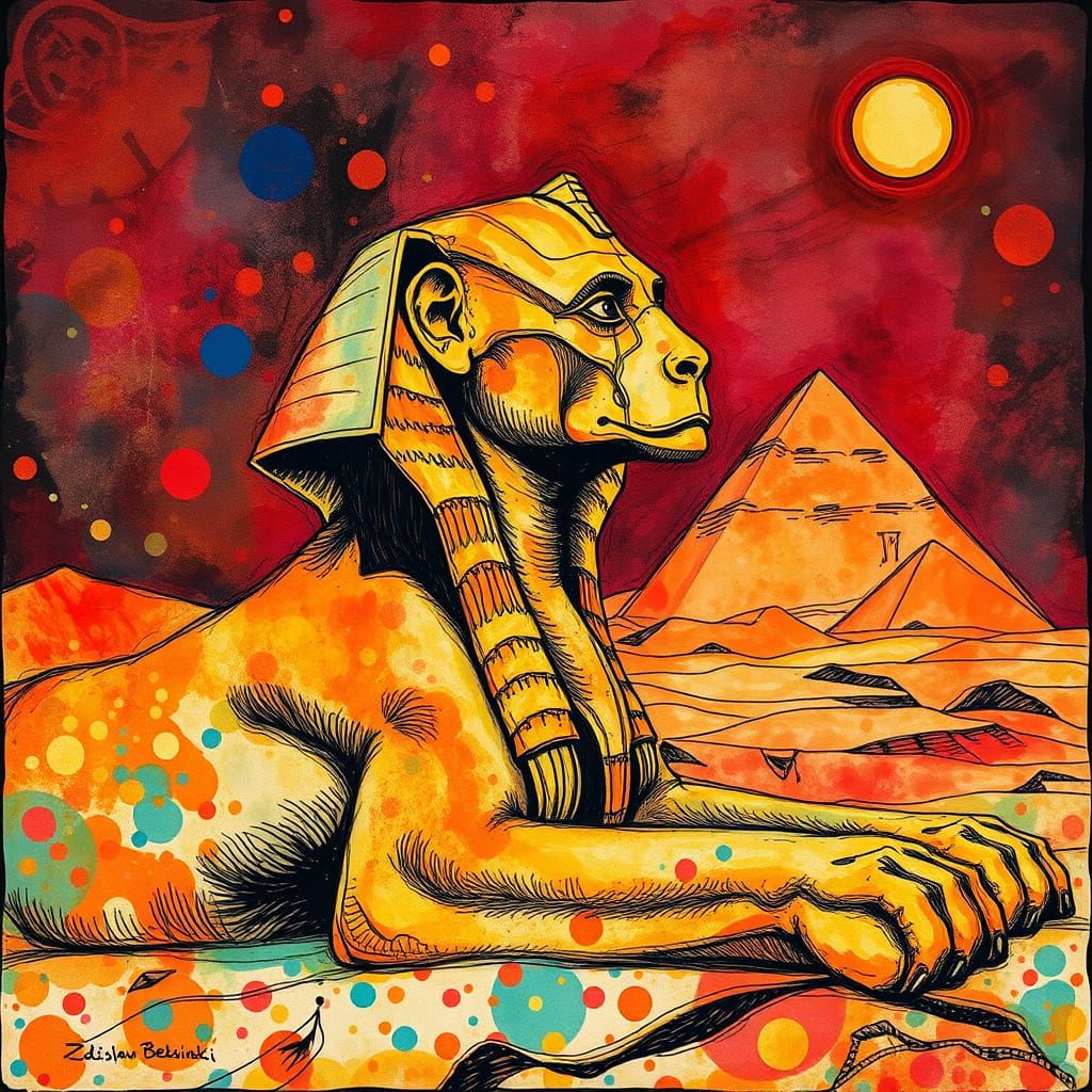 Surreal Sphinx in a Colorful Polka Dot Tavern